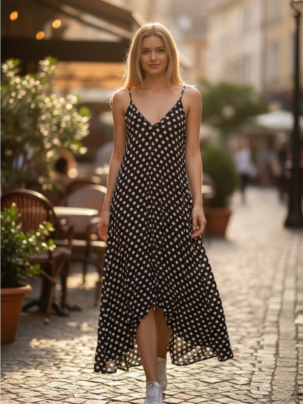 Women V-Neck Polka Dot Print Spaghetti Strap Boho Long Maxi Dresses Small